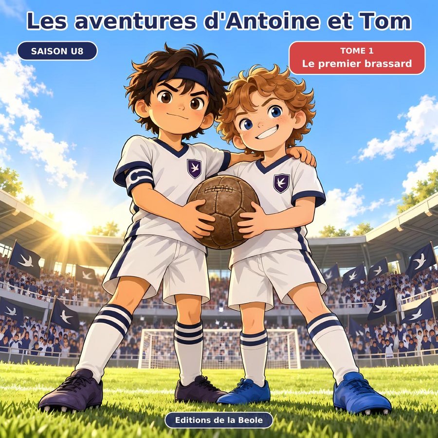 Couverture du tome 1 : Tom et Antoine en maillot blanc et bleu marine tiennent ensemble le vieux ballon en cuir de Grand-père Jo, dans un stade.