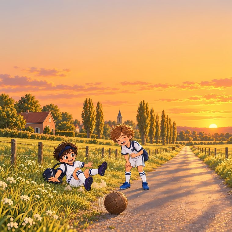 Au coucher du soleil, Tom est tombé dans l'herbe et Antoine rit, le ballon roule sur la route