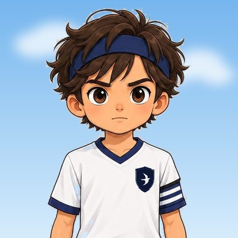 Portrait de Tom : cheveux bruns, bandeau bleu marine, maillot des Hirondelles